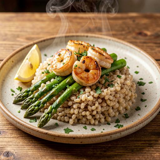 Recipe for: Grilled shrimp with garlic butter, farro, and asparagus - photo 1