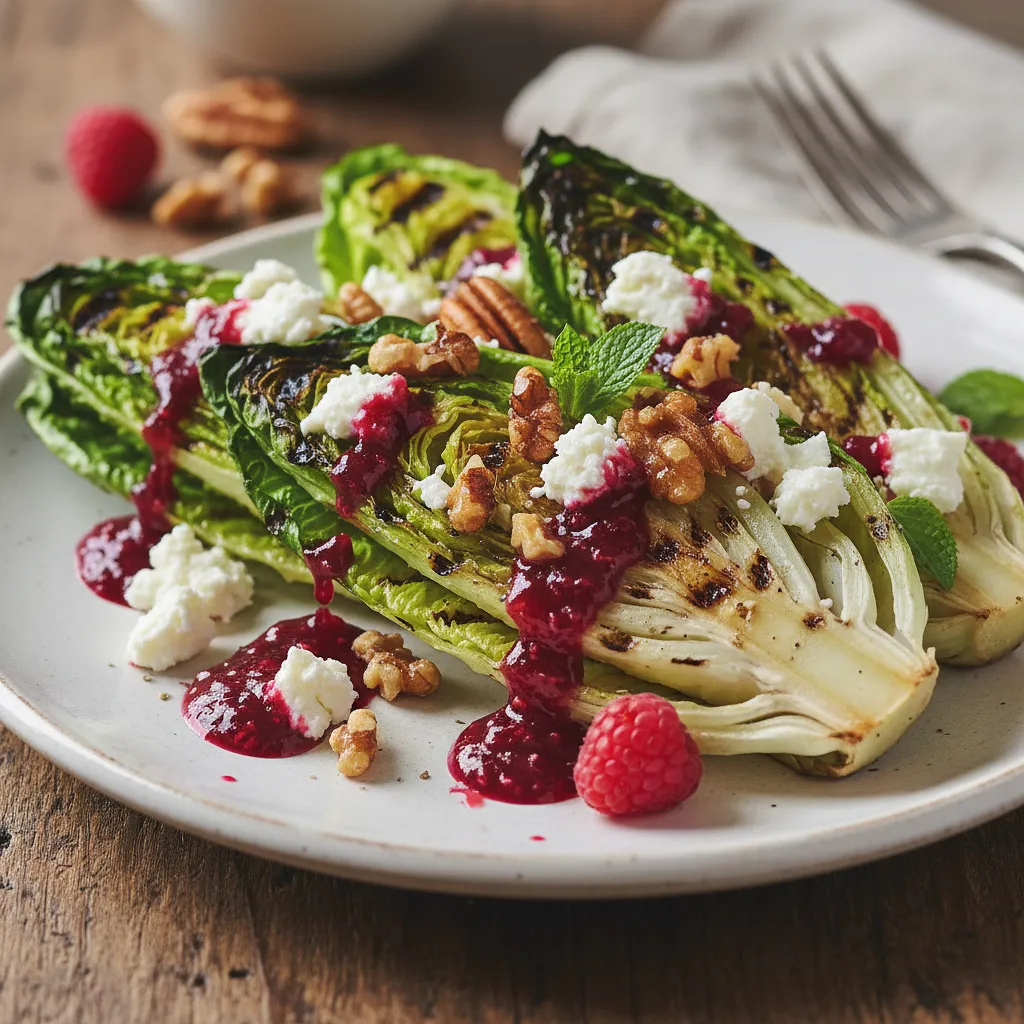 Przepis na: Grillowane Serca Sałaty Rzymskiej z Kozim Serem, Karmelizowanymi Orzechami i Malinowym Vinaigrette - zdjęcie 1