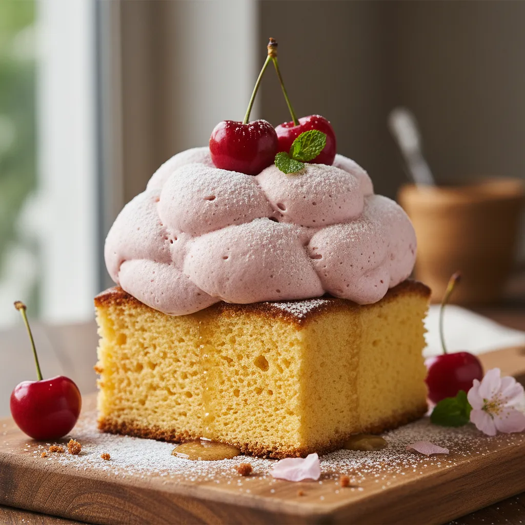 Fluffy Cherry Cloud on Buttery Sponge Cake - photo 1