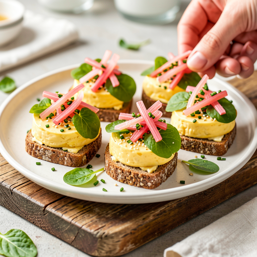 Recipe for: Mini canapés with egg paste, sorrel, and pickled rhubarb - photo 1