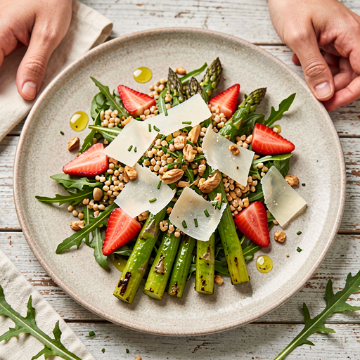 Recipe for: Arugula salad with grilled asparagus and parmesan with spelt and strawberries - photo 1