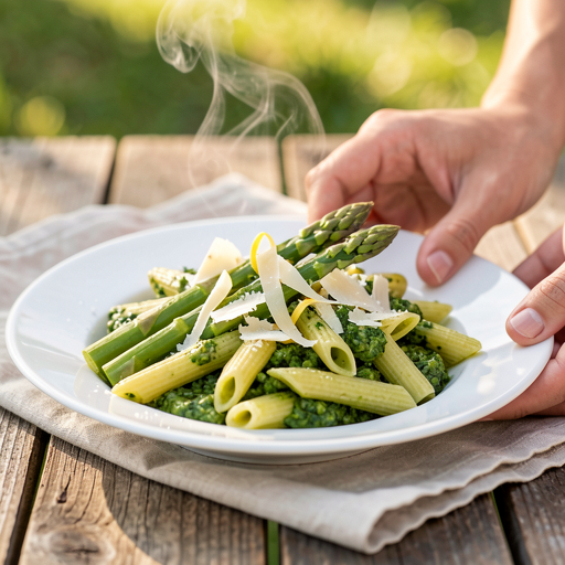 Recipe for: Pasta with basil pesto and young asparagus (for May Day) - photo 1