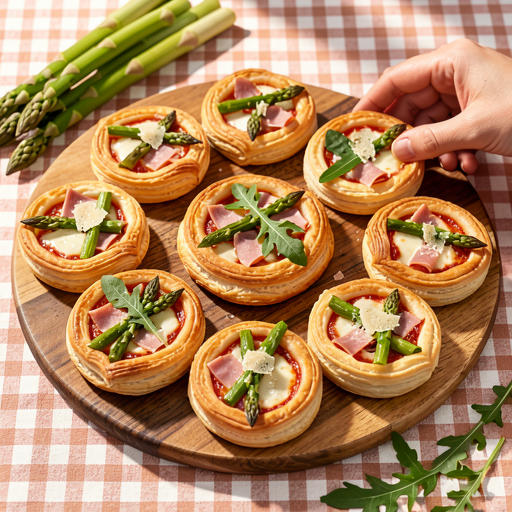 Recipe for: Mini puff pastry pizzas with asparagus and ham - photo 1