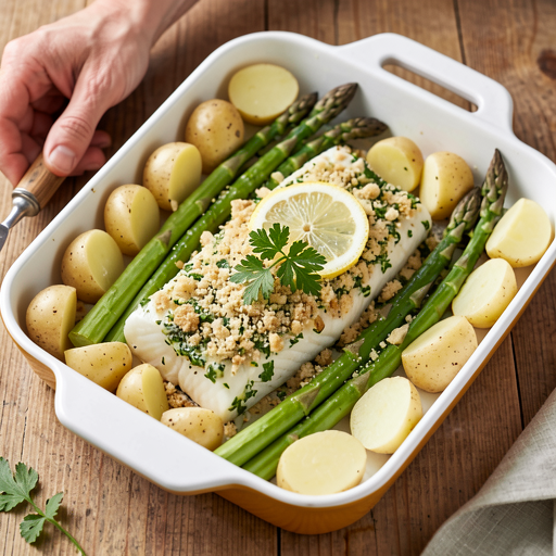 Recipe for: Baked cod with herbs, young potatoes, and asparagus - photo 1
