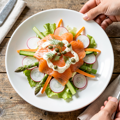 Recipe for: Smoked Salmon Salad with Young Vegetables and Dill-Lemon Dressing - photo 1