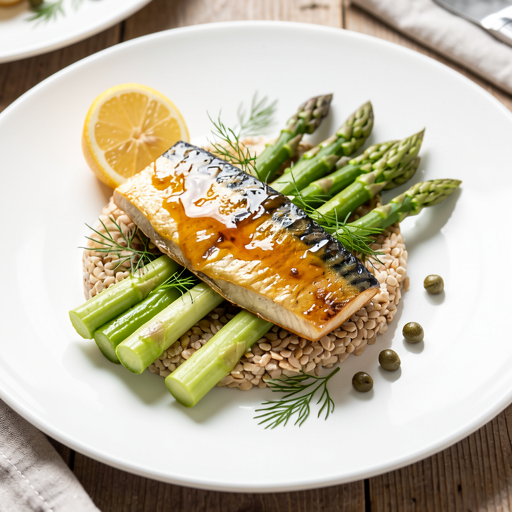 Recipe for: Mackerel in honey and mustard with spelt and young asparagus - photo 1