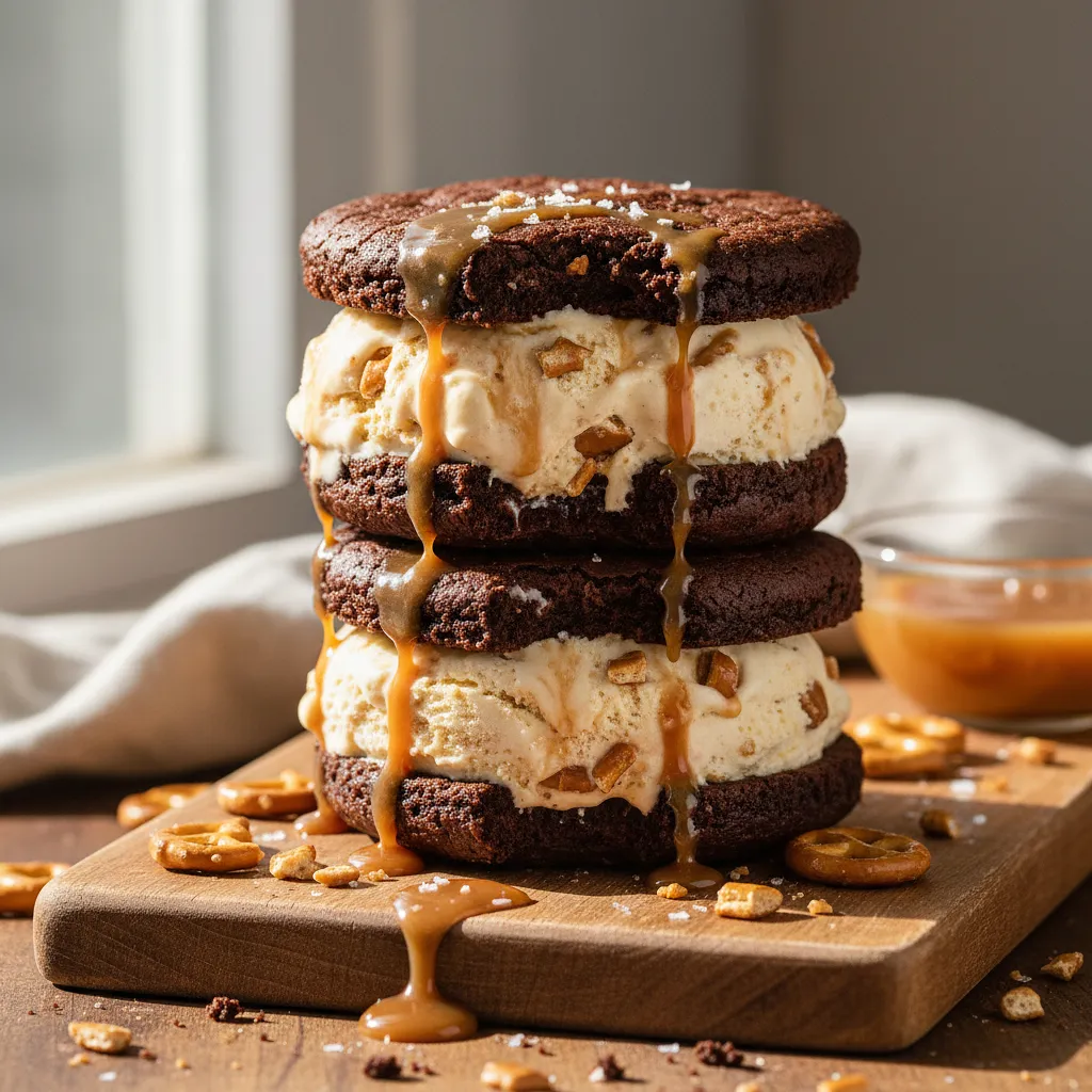 Ice Cream Brownie Sandwiches with Salted Caramel and Pretzels - photo 1