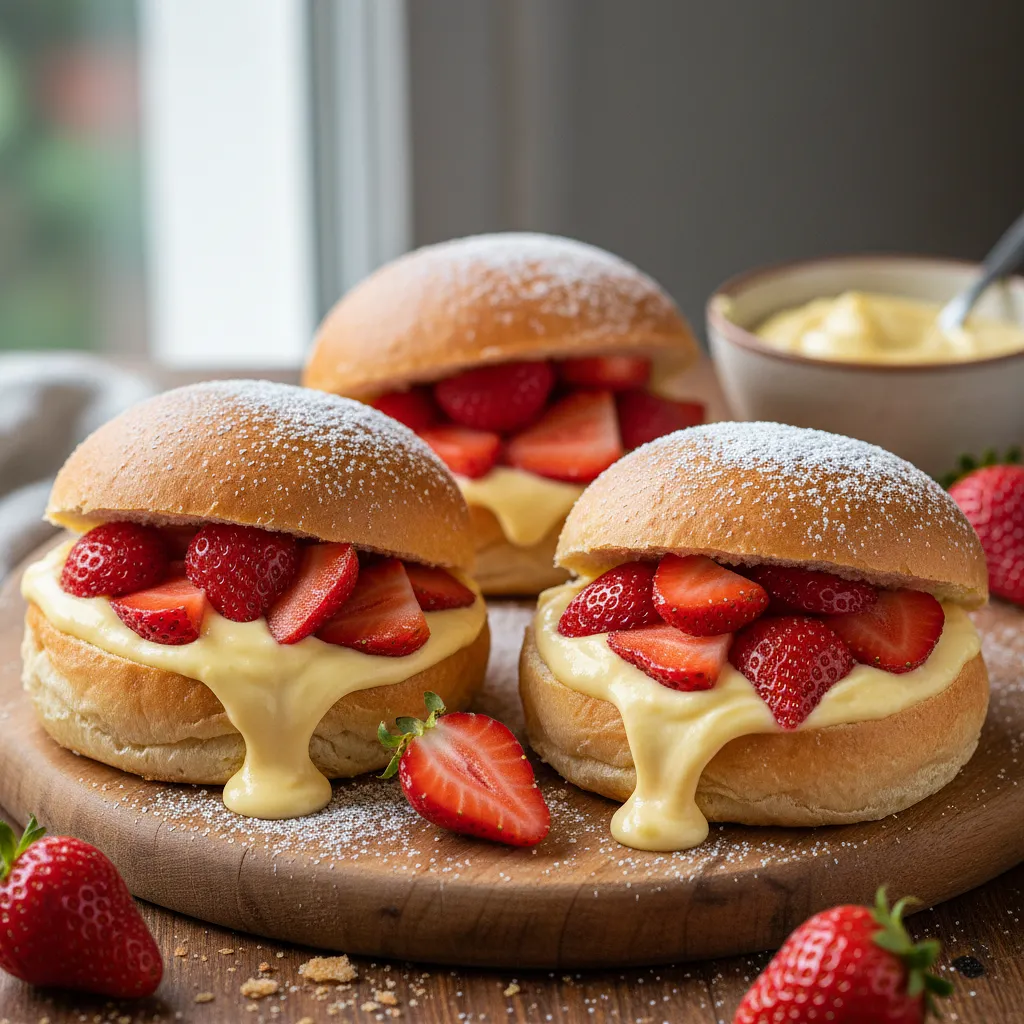 Fluffy Yeast Rolls with Custard Cream and Fresh Strawberries - photo 1