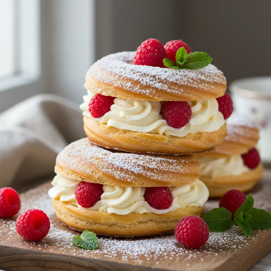 Fluffy Choux Pastry Donuts with Vanilla Cream and Raspberries - photo 1