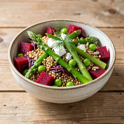 Recipe for: Spring Salad with Beet Greens, Green Asparagus, Young Peas, and Toasted Buckwheat - photo 1