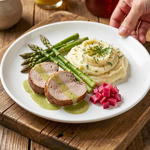 Recipe for: Pork tenderloin in sorrel sauce, mashed potatoes with dill - photo 1