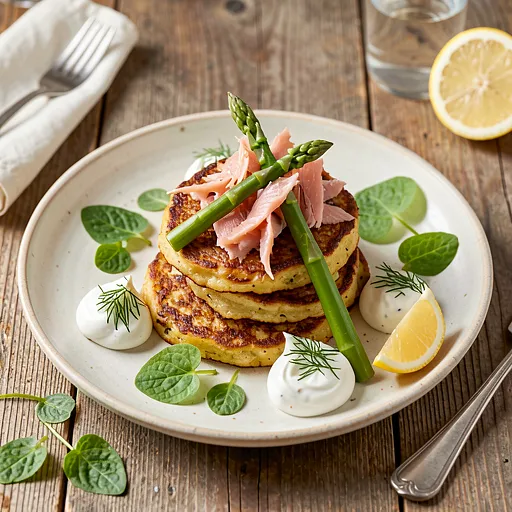 Recipe for: Potato pancakes with smoked trout, asparagus, and sour cream - photo 1