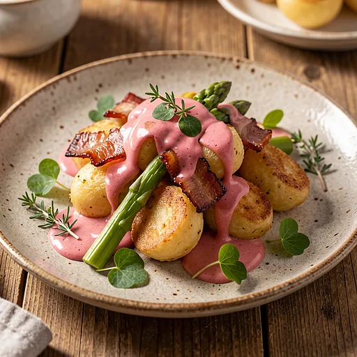 Recipe for: Pan-fried gnocchi with bacon, asparagus, and rhubarb sauce - photo 1