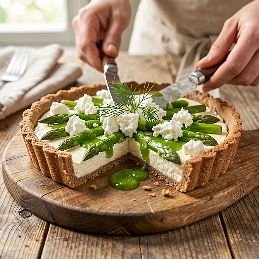 Przepis na: Tarta na cieście żytnim ze szparagami, kozim serem i sosem szczawiowym - zdjęcie 1