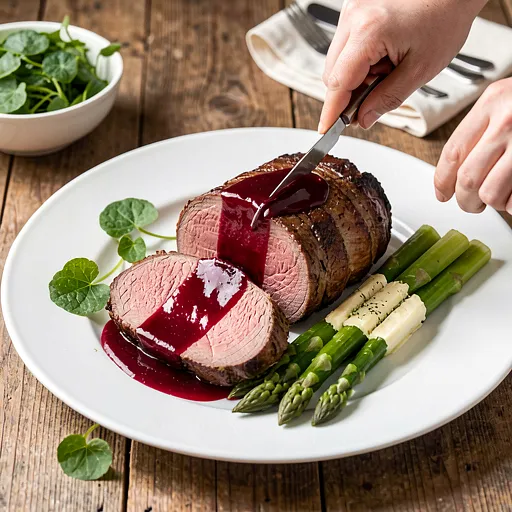 Recipe for: Beef tenderloin in rhubarb-red wine sauce, al dente asparagus - photo 1