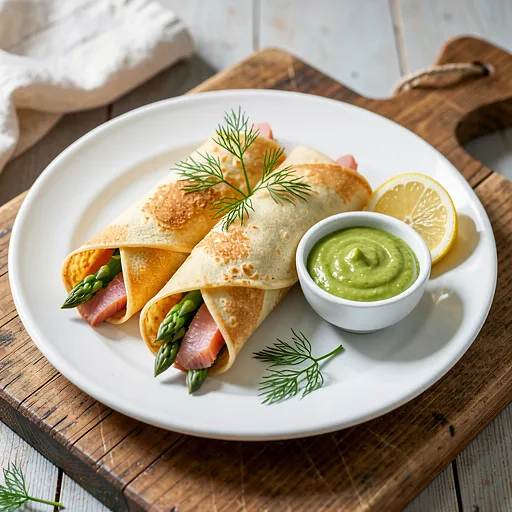 Recipe for: Savory pancakes with smoked trout, asparagus, and sorrel cream - photo 1