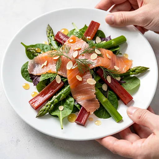 Recipe for: Rhubarb and smoked salmon on a mixed salad with honey-mustard dressing - photo 1