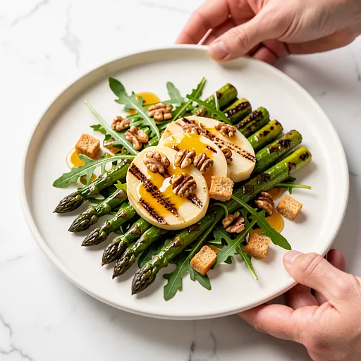 Recipe for: Grilled asparagus with oscypek cheese, arugula, and walnuts - photo 1