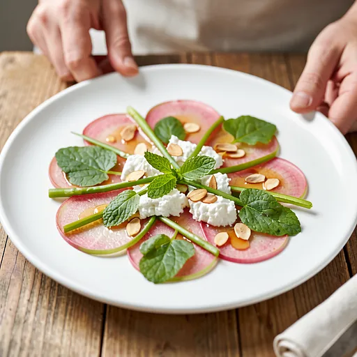 Recipe for: Rhubarb carpaccio with farmer's cheese and honey vinaigrette - photo 1