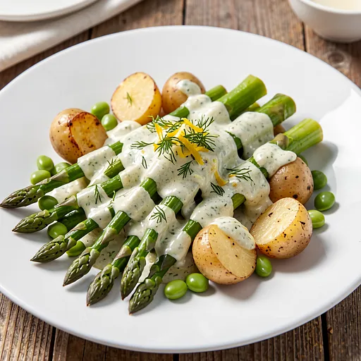 Recipe for: Asparagus, fresh broad beans, and roasted young potatoes with a horseradish-lemon dressing - photo 1