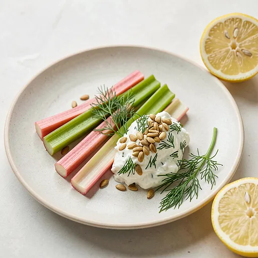 Recipe for: Rhubarb with dill, fresh cheese, and toasted sunflower seeds - photo 1