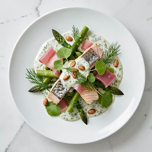 Recipe for: Smoked trout salad with asparagus and sorrel with dill sauce - photo 1