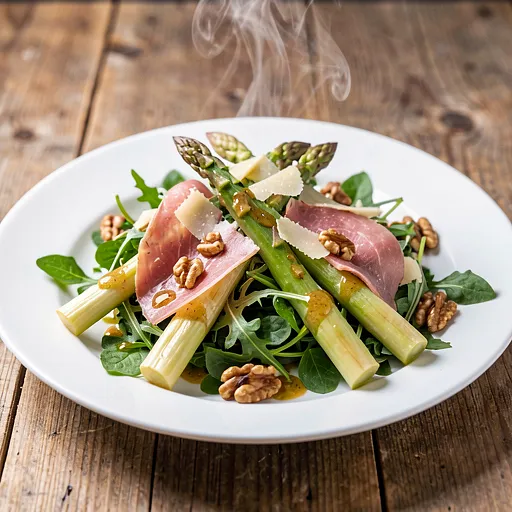 Recipe for: Warm asparagus and cured ham salad with arugula - photo 1