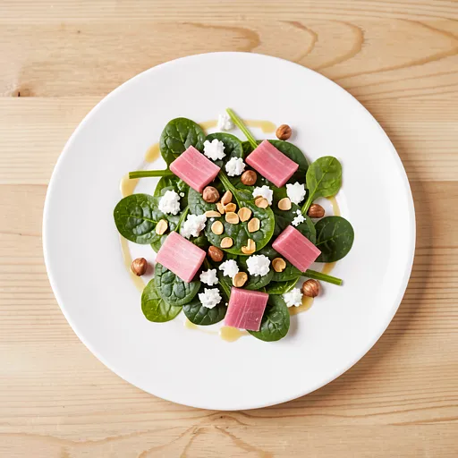 Recipe for: Young spinach with rhubarb, Korycin cheese, and hazelnuts - photo 1