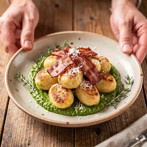 Recipe for: Cheese Gnocchi Sautéed with Bacon and Sorrel Pesto - photo 1