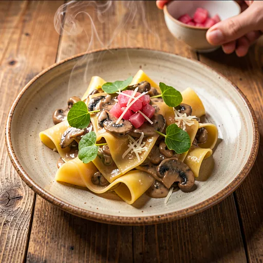 Recipe for: Pappardelle with mushroom ragù and a rhubarb accent - photo 1