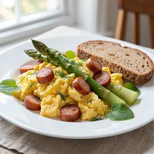 Recipe for: Scrambled eggs with Silesian sausage and green asparagus - photo 1