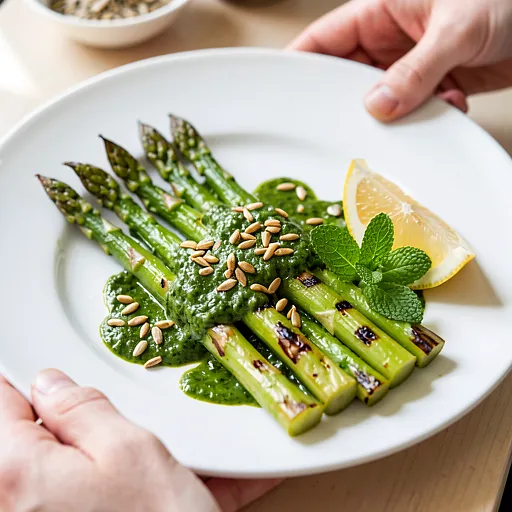 Recipe for: Grilled green asparagus with sorrel sauce and toasted sunflower seeds - photo 1