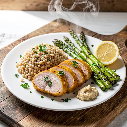 Recipe for: Grilled pork neck in mustard marinade with bulgur and asparagus - photo 1