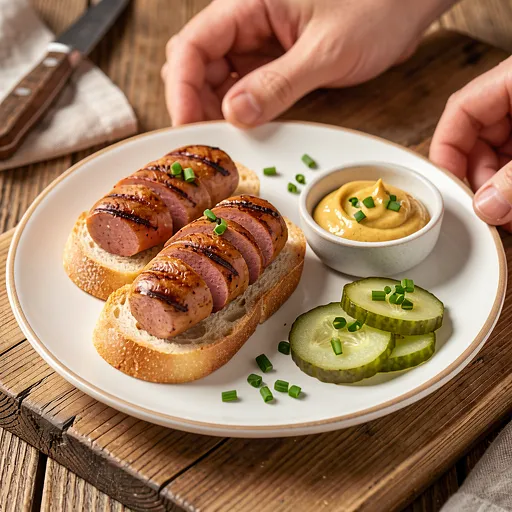 Przepis na: Kiełbasa z grilla z musztardą i ogórkiem kiszonym - zdjęcie 1