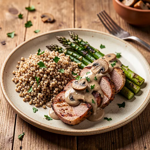 Recipe for: Grilled pork tenderloin with mushroom sauce, spelt and asparagus - photo 1