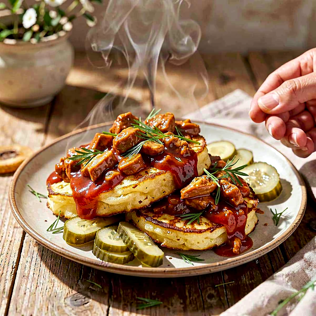 Recipe for: Potato pancakes with chicken goulash and pickled cucumber - photo 1