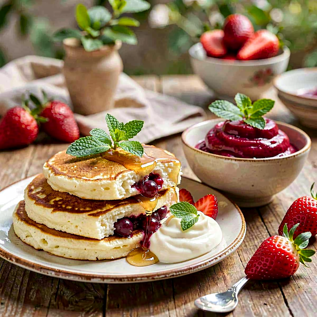 Recipe for: Country-style cottage cheese pancakes with strawberry-currant mousse and honey cream - photo 1