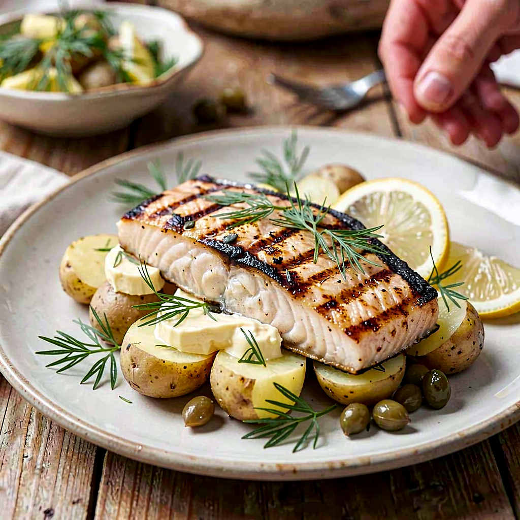 Recipe for: Grilled trout fillet on young potatoes with dill and lemon - photo 1
