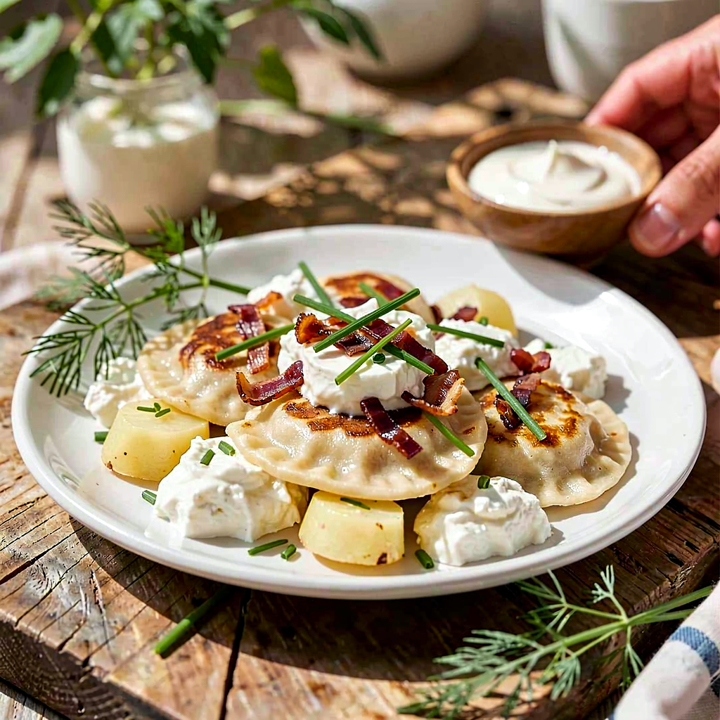 Przepis na: Pierogi z twarogiem i młodymi ziemniakami, podsmażane z boczkiem i szczypiorkiem - zdjęcie 1