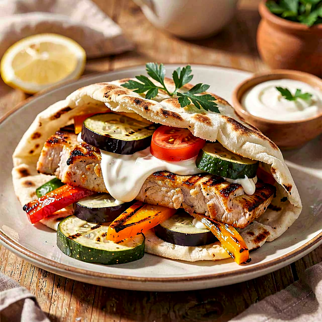 Recipe for: Country-style kebab with pork neck, grilled vegetables, and garlic-mayonnaise sauce - photo 1