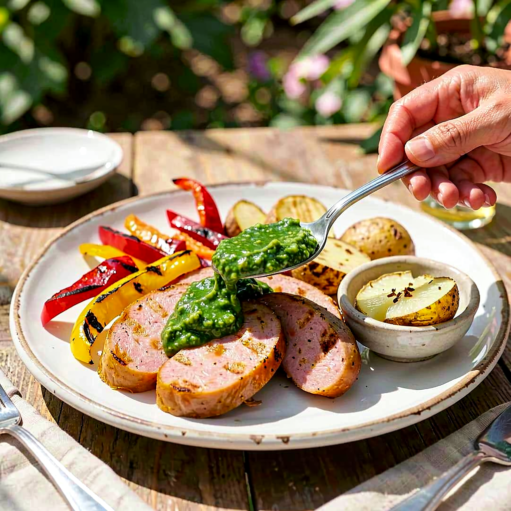Recipe for: Krakow sausage with chimichurri, grilled peppers, and young potatoes - photo 1