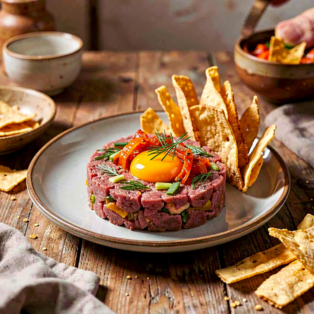 Recipe for: Tenderloin tartare with spicy kimchi and bagel chips - photo 1