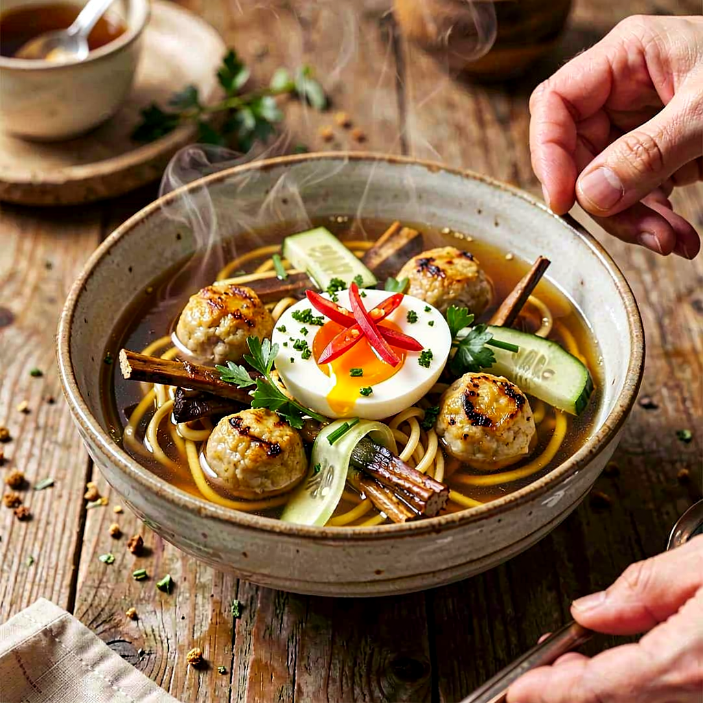 Recipe for: Polish ramen — broth from roasted bones, grilled meatballs, and fresh herbs - photo 1