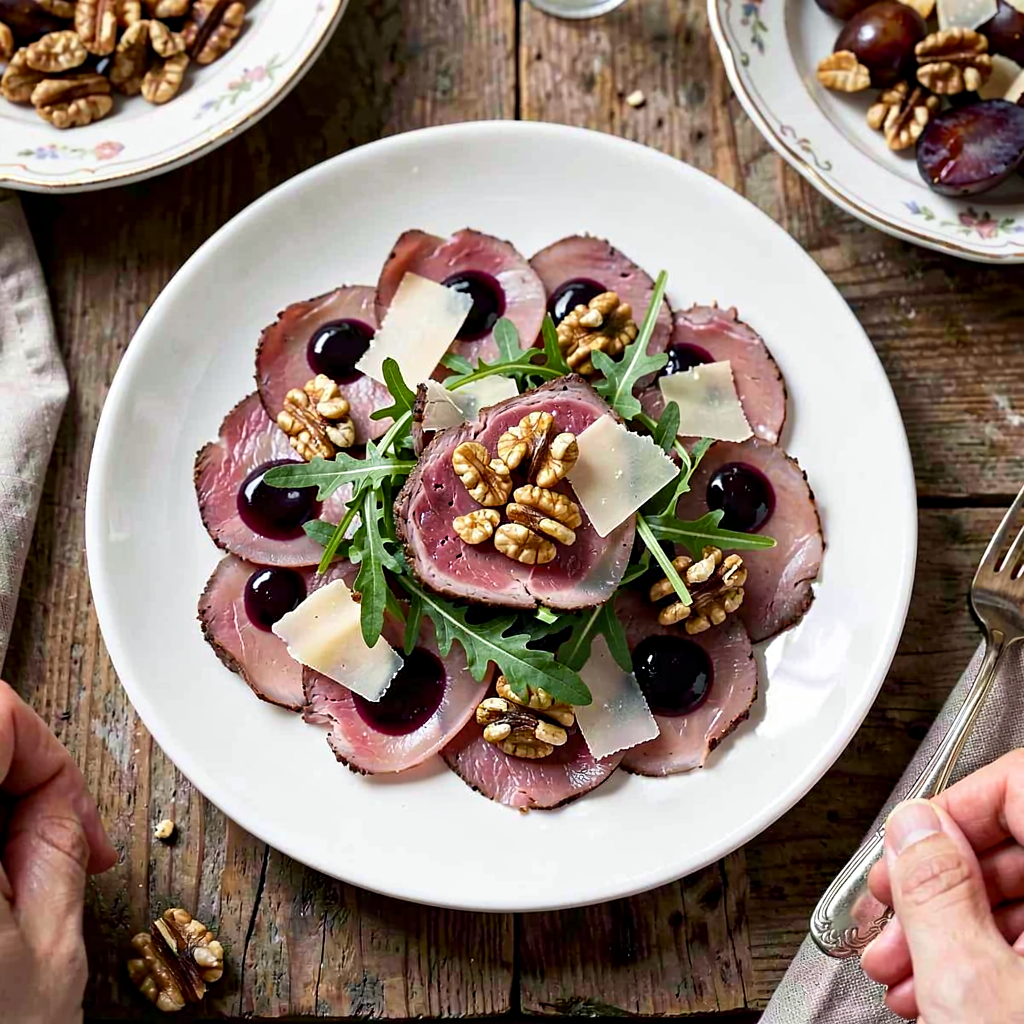 Recipe for: Beef Carpaccio with Roasted Nuts and Plum-Balsamic Sauce - photo 1