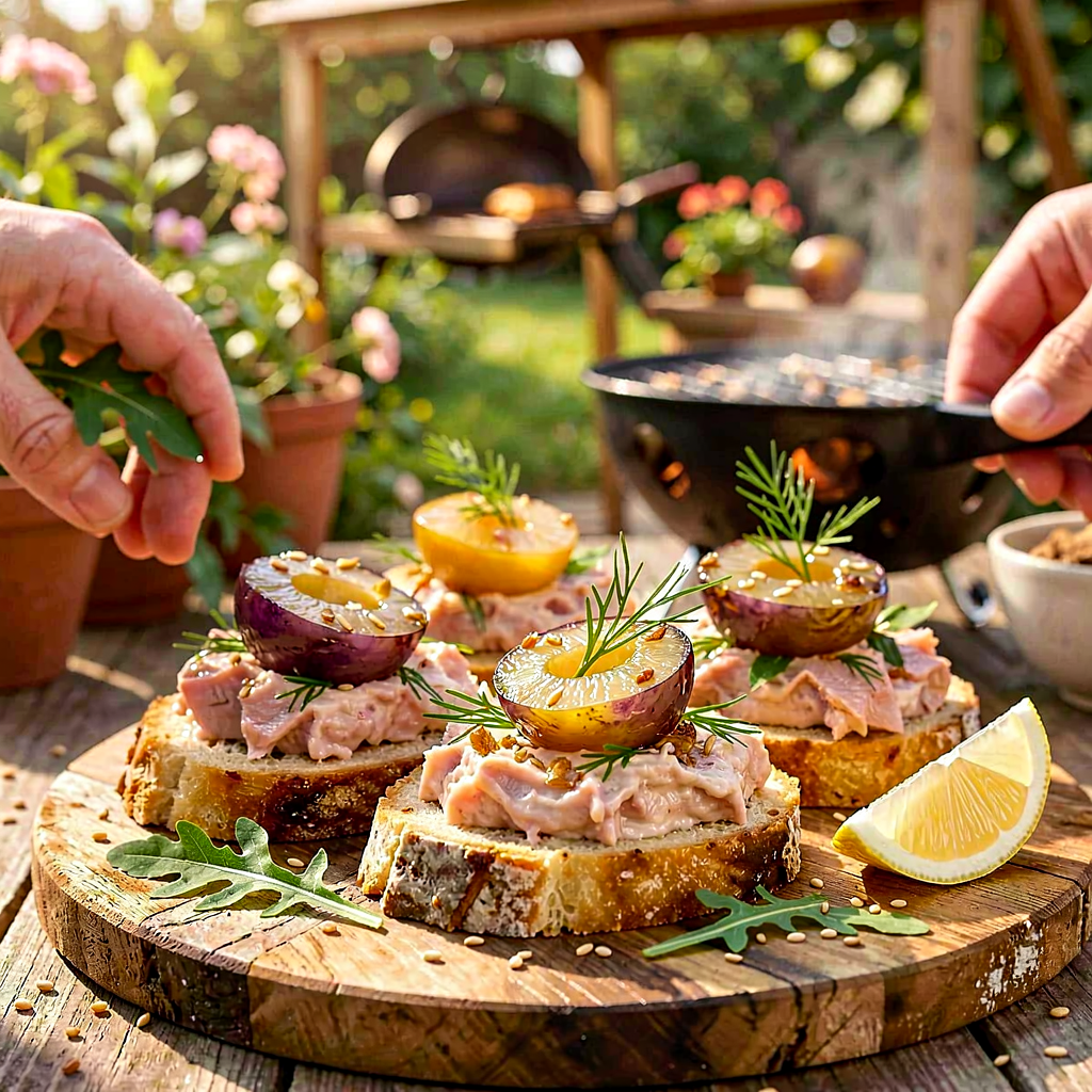 Recipe for: Toasted country bread with smoked trout spread and caramelized onion with mirabelle plums - photo 1