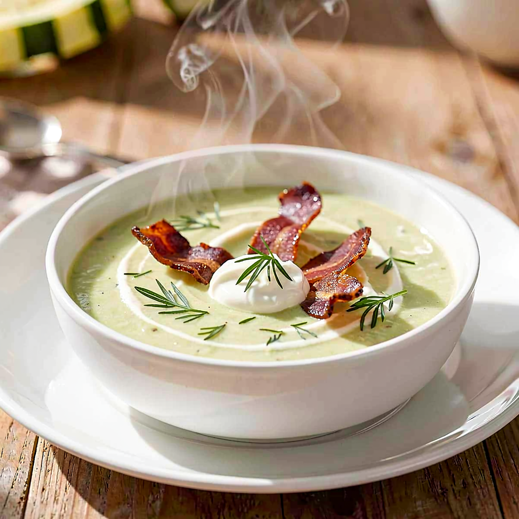 Przepis na: Krem z młodej cukinii z mlekiem kokosowym i chipsami z wędzonego boczku - zdjęcie 1