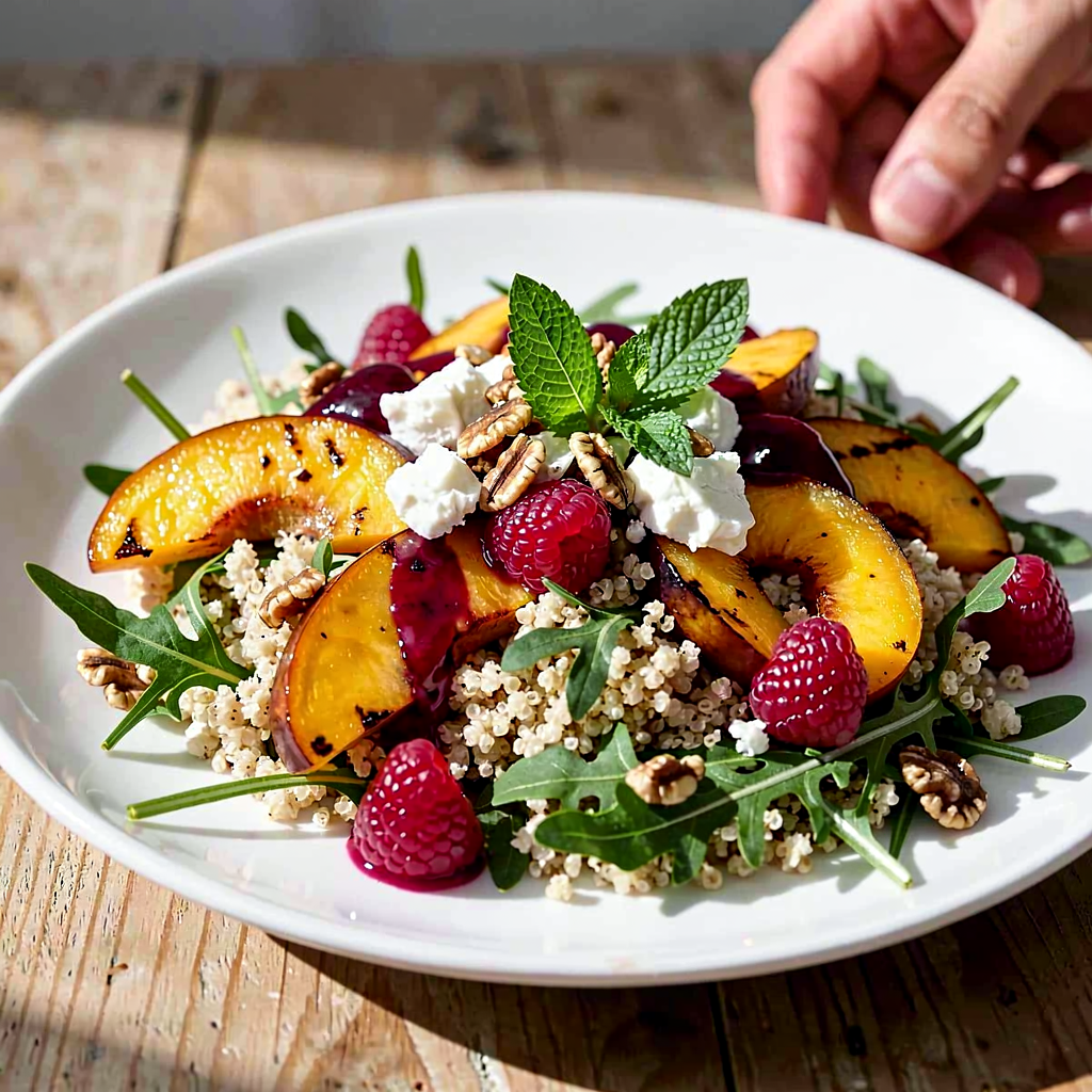 Recipe for: Quinoa salad with grilled peaches and goat cheese with raspberry sauce - photo 1