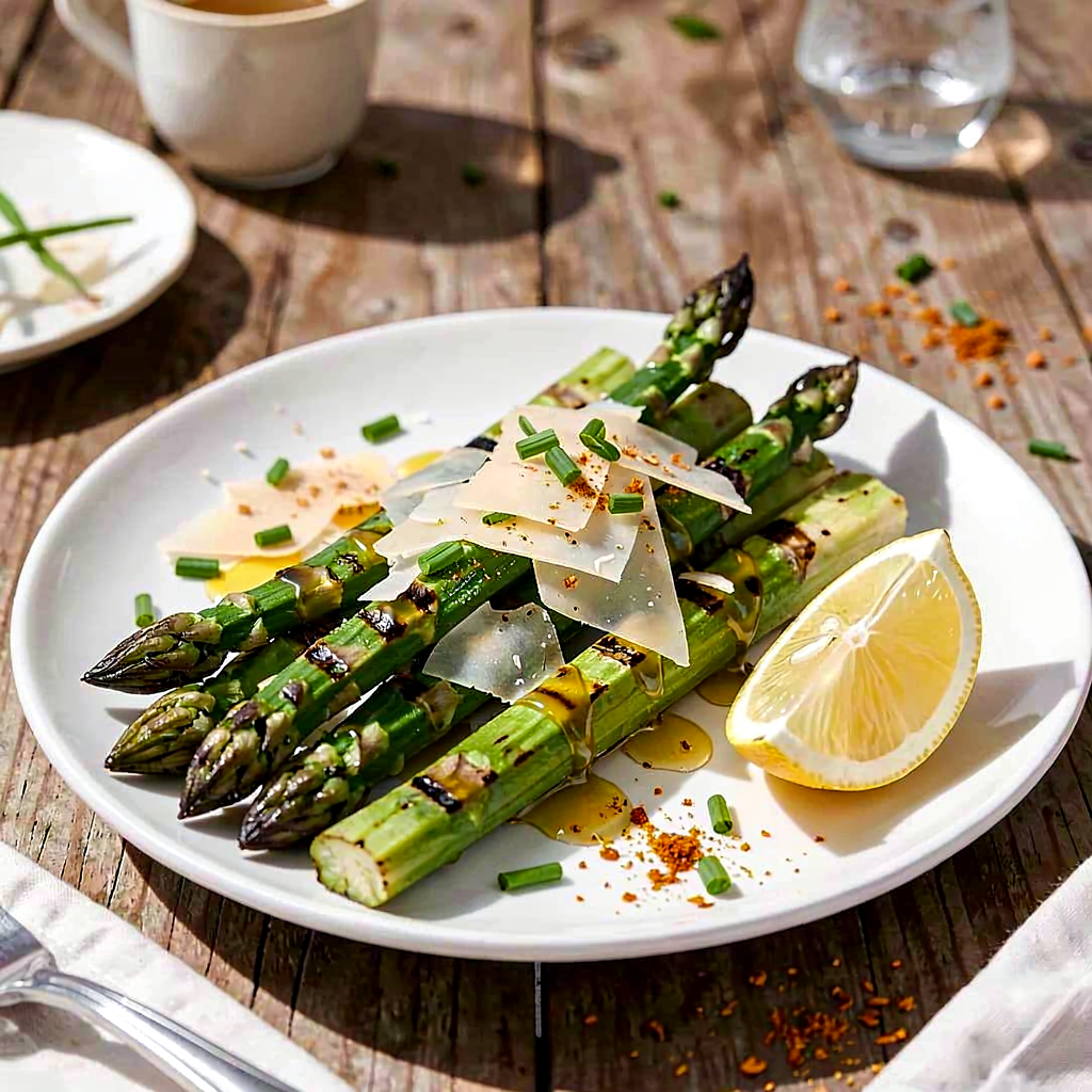 Recipe for: Grilled asparagus with garlic oil and parmesan flakes - photo 1