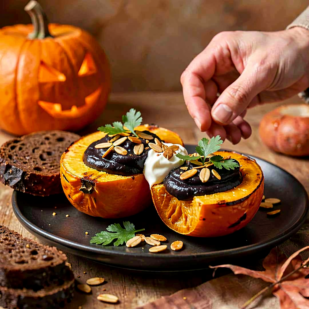 Przepis na: Pasta z czarnej fasoli w pieczonej dyni (halloweenowy talerz) - zdjęcie 1