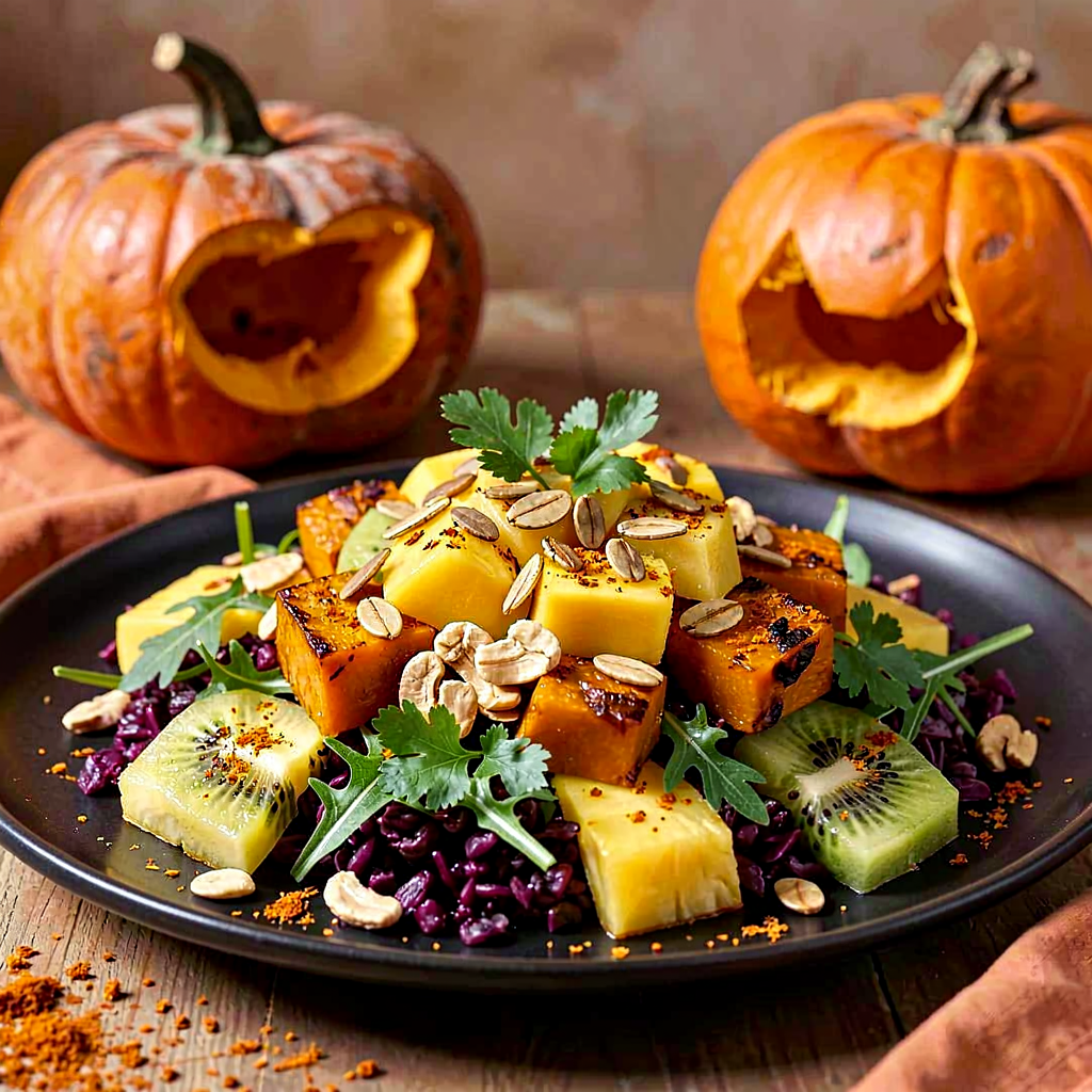 Przepis na: Sałatka z owocami tropikalnymi i pieczoną dynią (halloweenowy twist) - zdjęcie 1